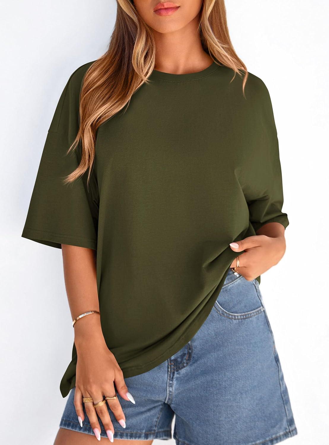 imagePRETTYGARDEN Womens 2026 Spring Going Out Tops Casual Short Sleeve Crewneck Loose Fit Basic Oversized T Shirts Summer OutfitsArmy Green