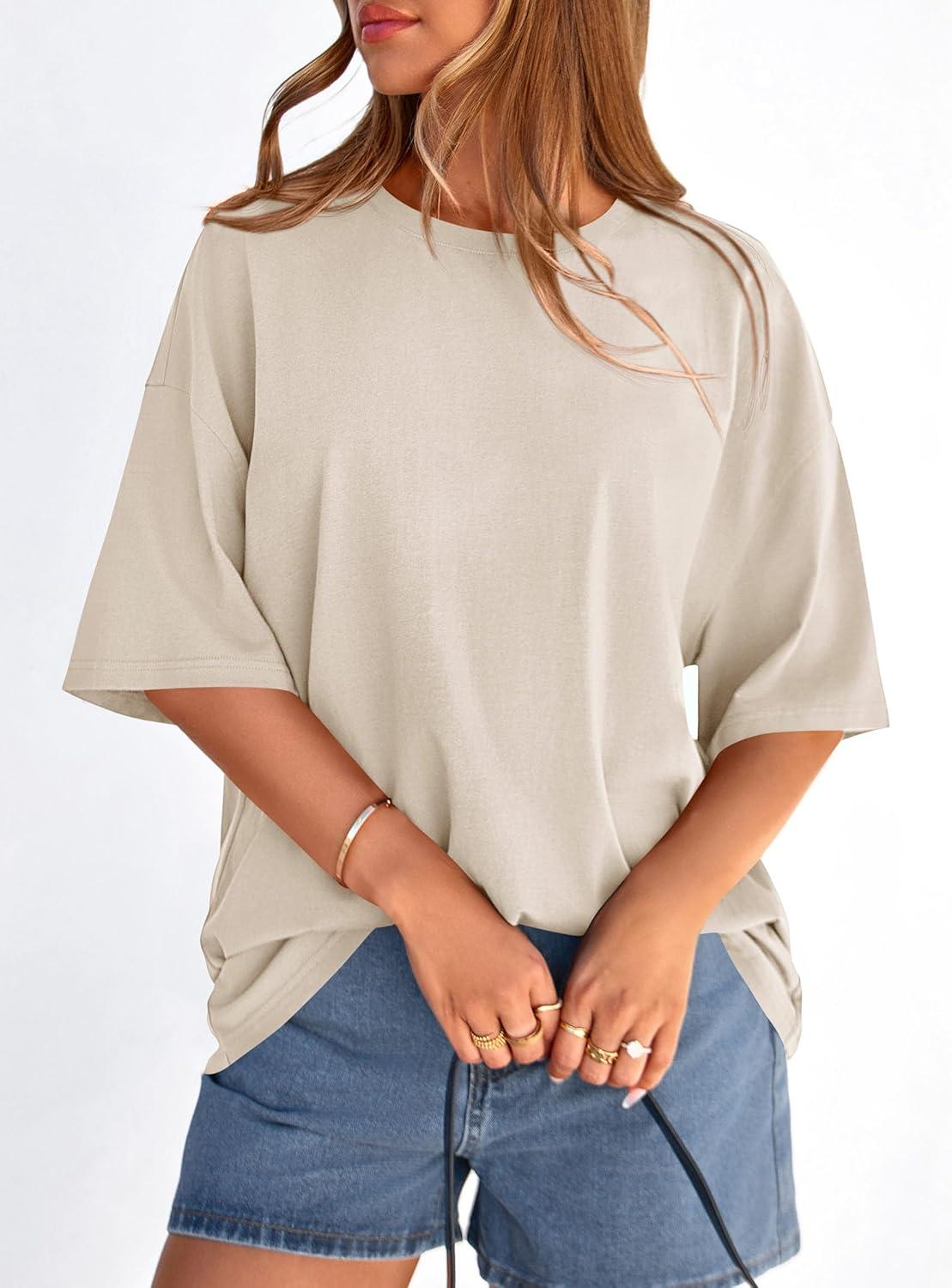 imagePRETTYGARDEN Womens 2026 Spring Going Out Tops Casual Short Sleeve Crewneck Loose Fit Basic Oversized T Shirts Summer OutfitsBeige