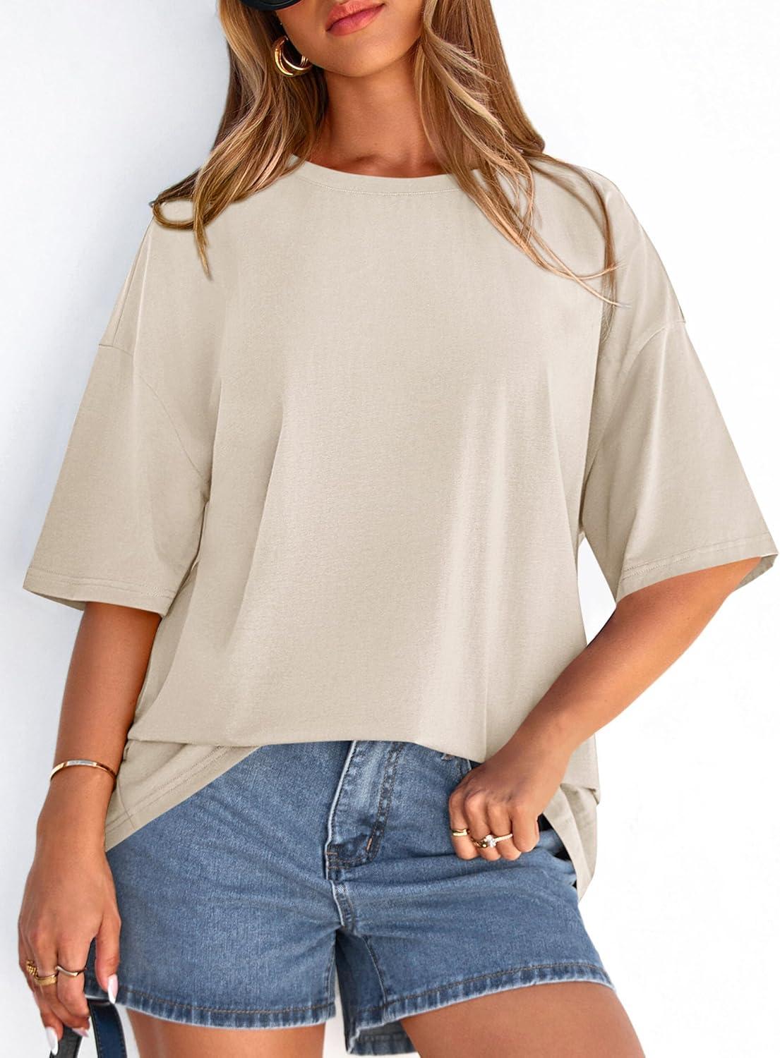 imagePRETTYGARDEN Womens 2026 Spring Going Out Tops Casual Short Sleeve Crewneck Loose Fit Basic Oversized T Shirts Summer OutfitsBeige