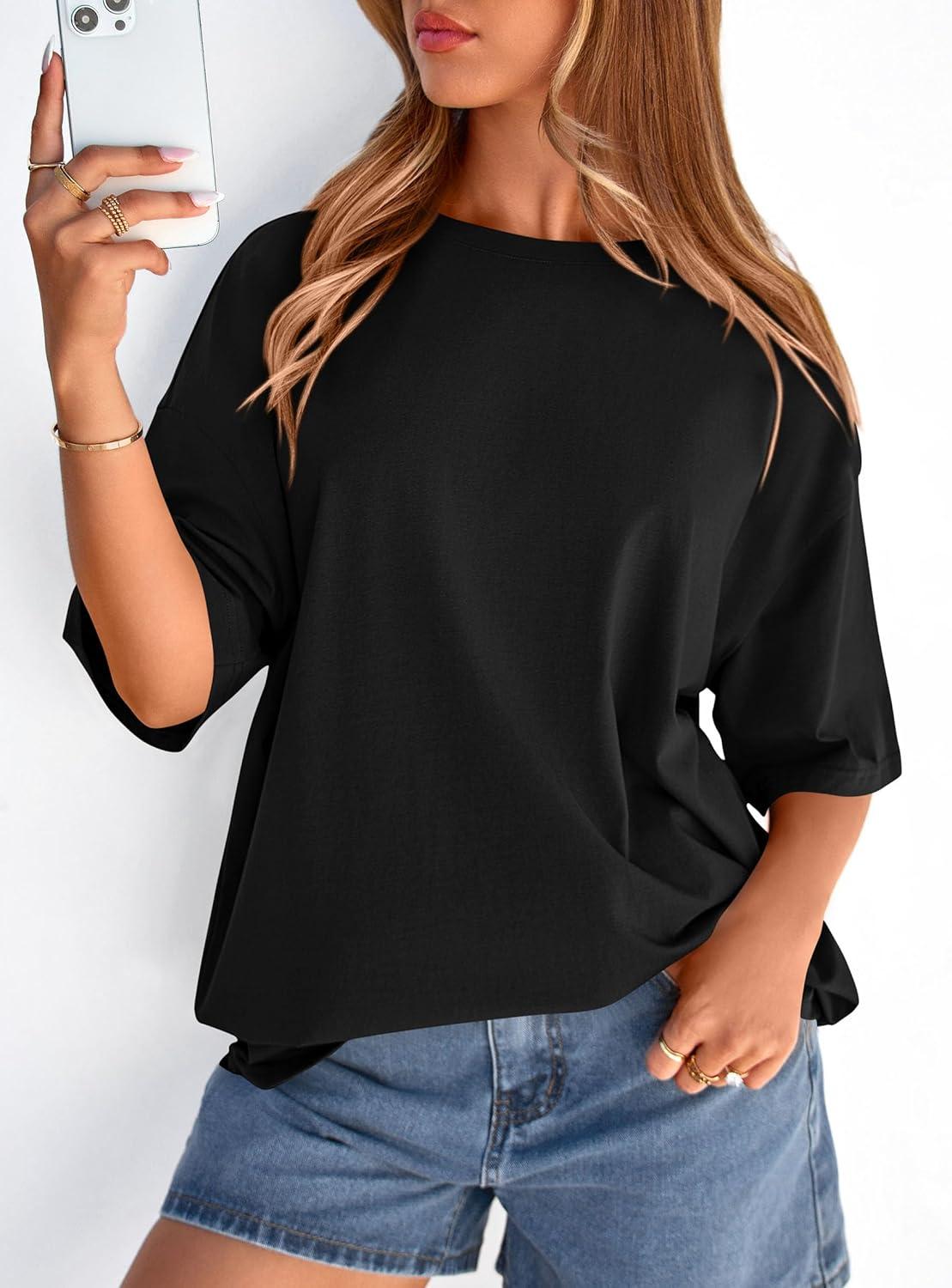 imagePRETTYGARDEN Womens 2026 Spring Going Out Tops Casual Short Sleeve Crewneck Loose Fit Basic Oversized T Shirts Summer OutfitsBlack