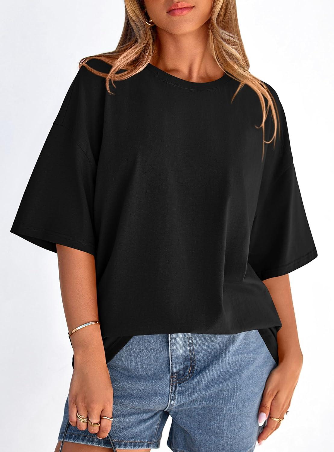imagePRETTYGARDEN Womens 2026 Spring Going Out Tops Casual Short Sleeve Crewneck Loose Fit Basic Oversized T Shirts Summer OutfitsBlack