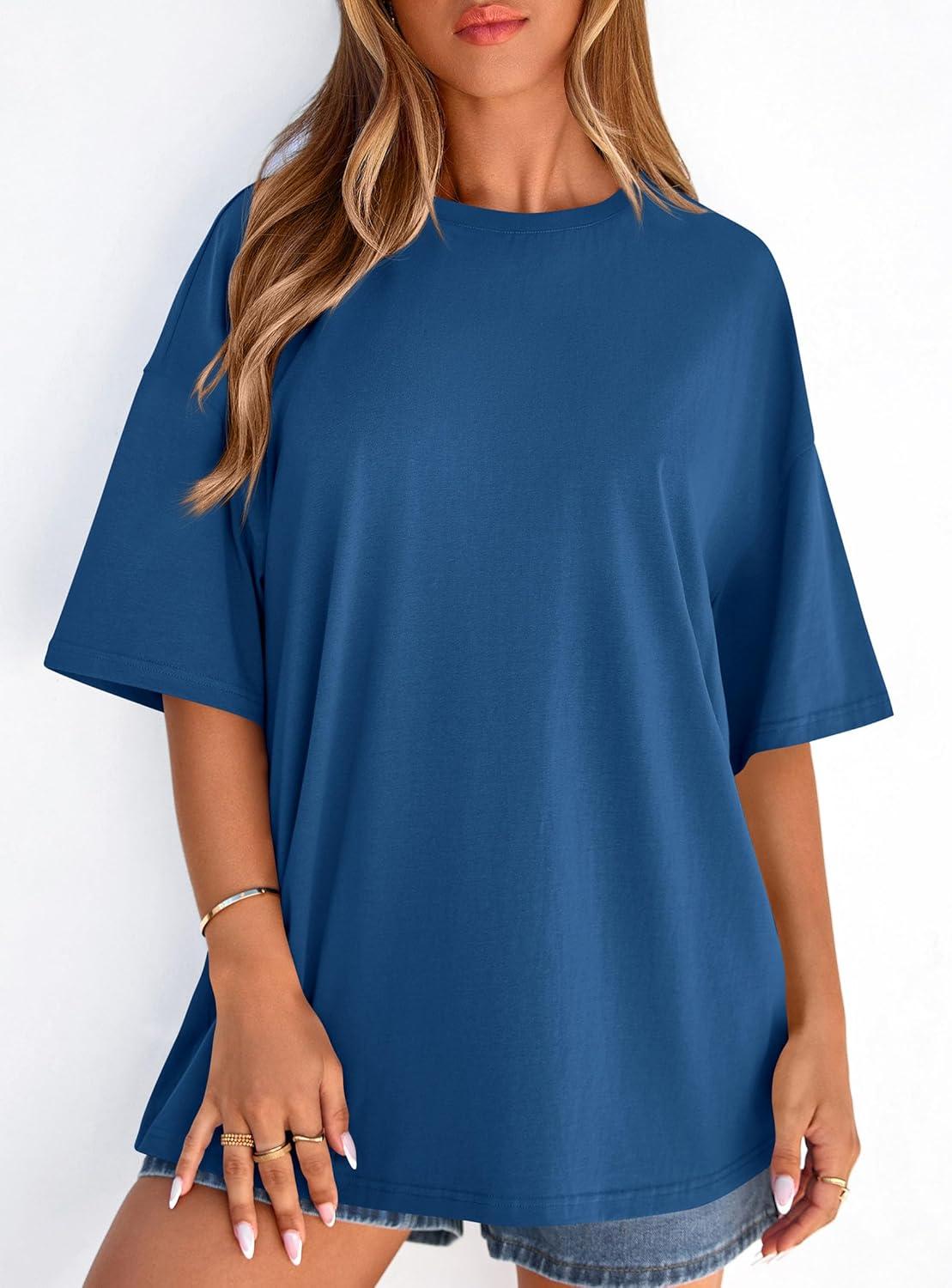imagePRETTYGARDEN Womens 2026 Spring Going Out Tops Casual Short Sleeve Crewneck Loose Fit Basic Oversized T Shirts Summer OutfitsBlue
