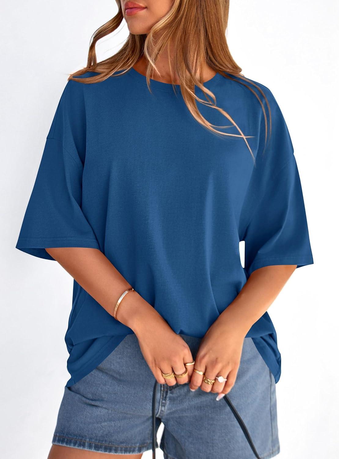 imagePRETTYGARDEN Womens 2026 Spring Going Out Tops Casual Short Sleeve Crewneck Loose Fit Basic Oversized T Shirts Summer OutfitsBlue