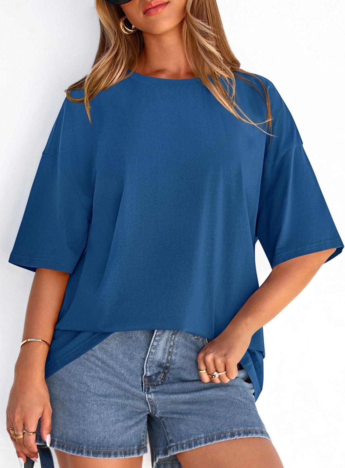 imagePRETTYGARDEN Womens 2026 Spring Going Out Tops Casual Short Sleeve Crewneck Loose Fit Basic Oversized T Shirts Summer OutfitsBlue