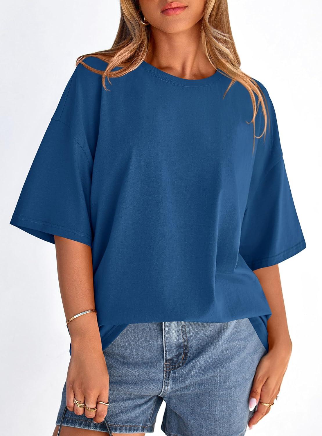 imagePRETTYGARDEN Womens 2026 Spring Going Out Tops Casual Short Sleeve Crewneck Loose Fit Basic Oversized T Shirts Summer OutfitsBlue
