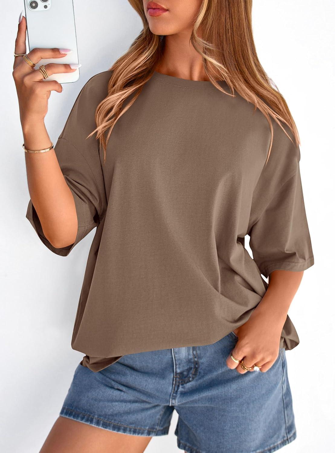 imagePRETTYGARDEN Womens 2026 Spring Going Out Tops Casual Short Sleeve Crewneck Loose Fit Basic Oversized T Shirts Summer OutfitsBrown