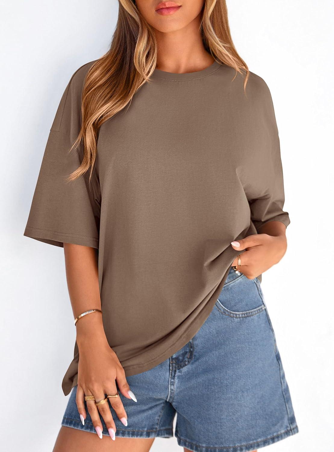 imagePRETTYGARDEN Womens 2026 Spring Going Out Tops Casual Short Sleeve Crewneck Loose Fit Basic Oversized T Shirts Summer OutfitsBrown