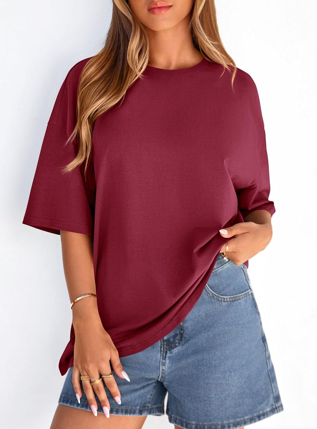 imagePRETTYGARDEN Womens 2026 Spring Going Out Tops Casual Short Sleeve Crewneck Loose Fit Basic Oversized T Shirts Summer OutfitsBurgundy