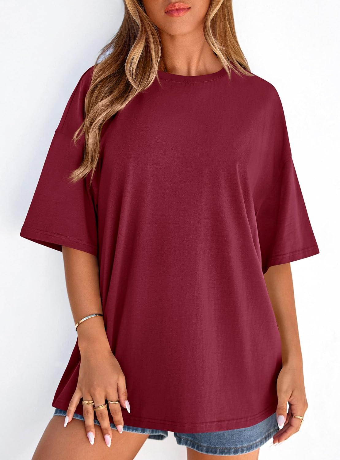 imagePRETTYGARDEN Womens 2026 Spring Going Out Tops Casual Short Sleeve Crewneck Loose Fit Basic Oversized T Shirts Summer OutfitsBurgundy