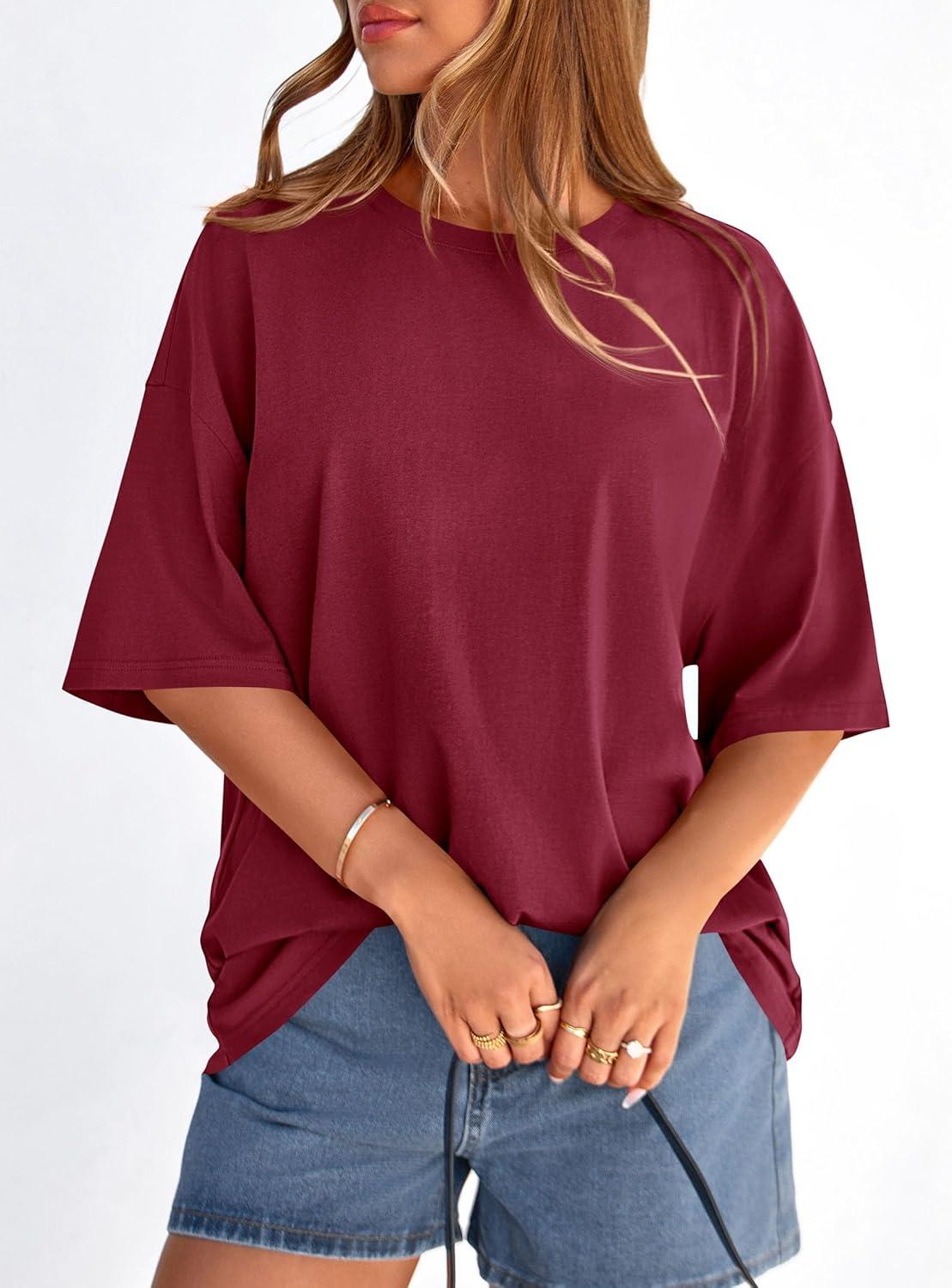 imagePRETTYGARDEN Womens 2026 Spring Going Out Tops Casual Short Sleeve Crewneck Loose Fit Basic Oversized T Shirts Summer OutfitsBurgundy