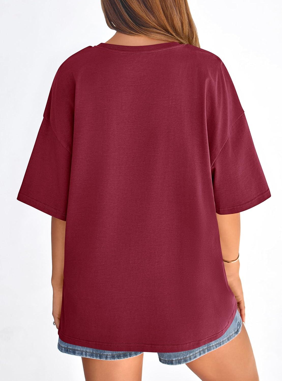 imagePRETTYGARDEN Womens 2026 Spring Going Out Tops Casual Short Sleeve Crewneck Loose Fit Basic Oversized T Shirts Summer OutfitsBurgundy