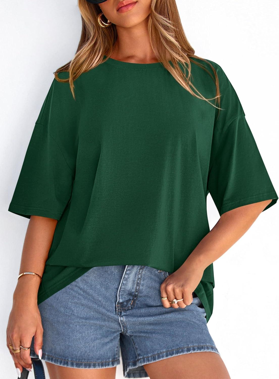 imagePRETTYGARDEN Womens 2026 Spring Going Out Tops Casual Short Sleeve Crewneck Loose Fit Basic Oversized T Shirts Summer OutfitsDark Green