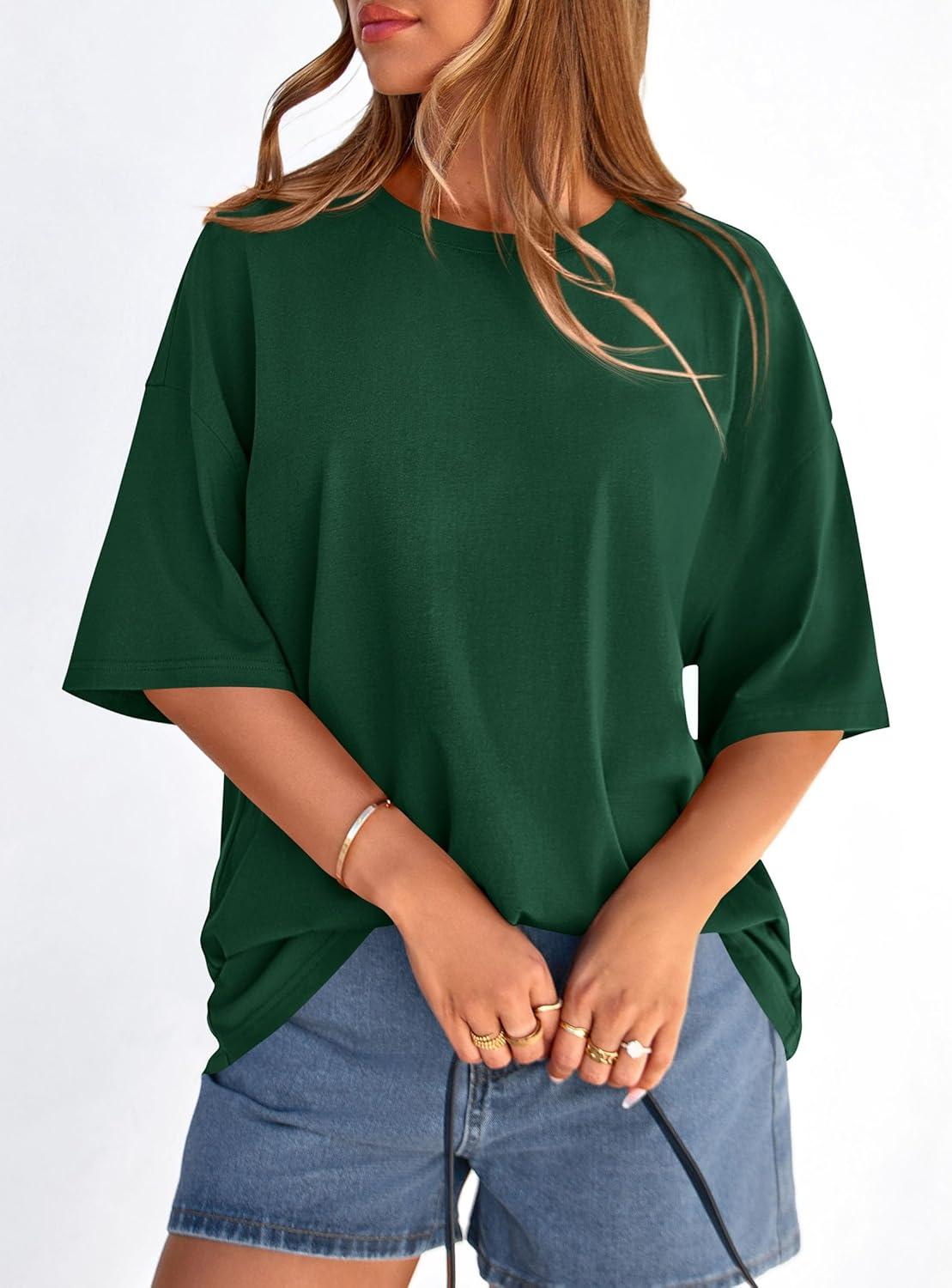 imagePRETTYGARDEN Womens 2026 Spring Going Out Tops Casual Short Sleeve Crewneck Loose Fit Basic Oversized T Shirts Summer OutfitsDark Green