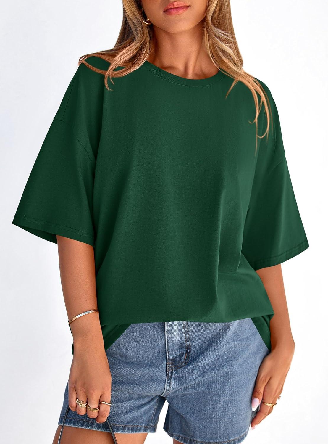 imagePRETTYGARDEN Womens 2026 Spring Going Out Tops Casual Short Sleeve Crewneck Loose Fit Basic Oversized T Shirts Summer OutfitsDark Green
