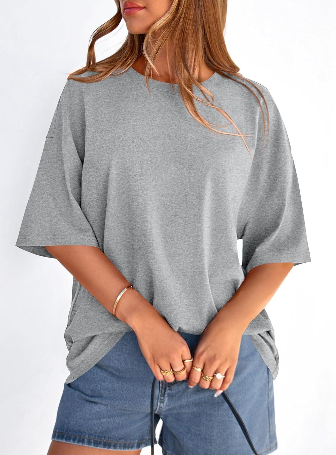 imagePRETTYGARDEN Womens 2026 Spring Going Out Tops Casual Short Sleeve Crewneck Loose Fit Basic Oversized T Shirts Summer OutfitsGrey