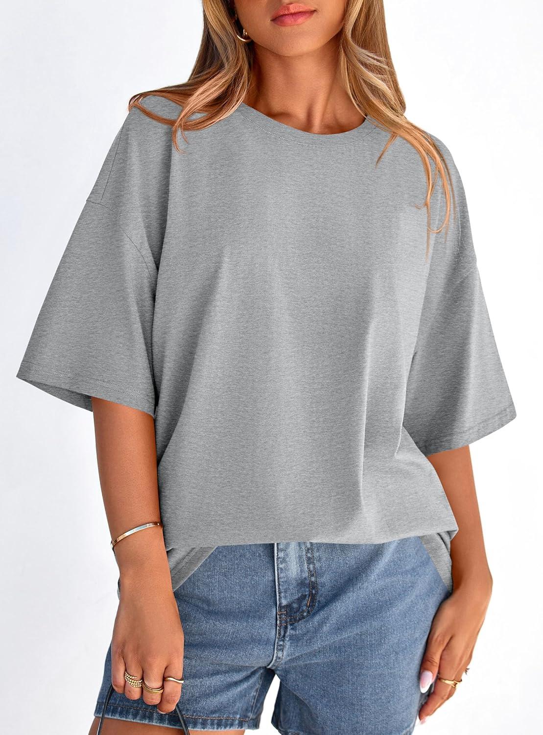 imagePRETTYGARDEN Womens 2026 Spring Going Out Tops Casual Short Sleeve Crewneck Loose Fit Basic Oversized T Shirts Summer OutfitsGrey