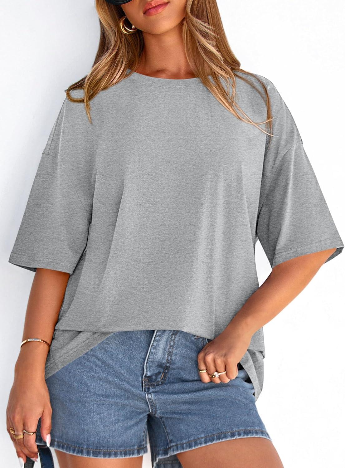 imagePRETTYGARDEN Womens 2026 Spring Going Out Tops Casual Short Sleeve Crewneck Loose Fit Basic Oversized T Shirts Summer OutfitsGrey