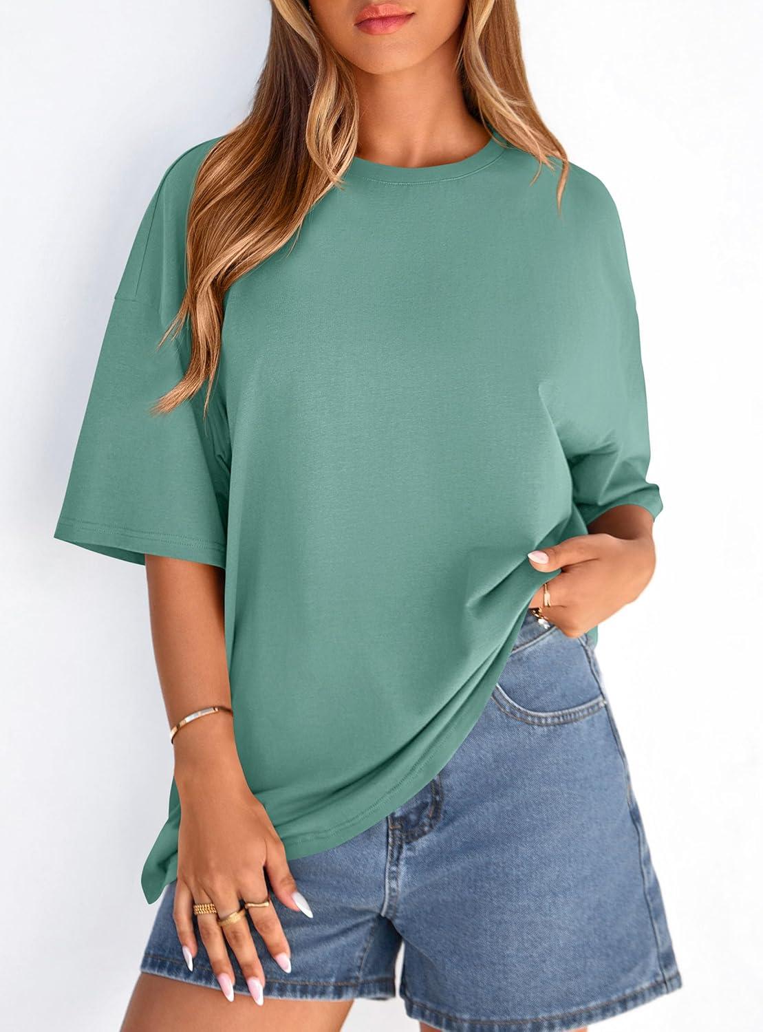 imagePRETTYGARDEN Womens 2026 Spring Going Out Tops Casual Short Sleeve Crewneck Loose Fit Basic Oversized T Shirts Summer OutfitsLight Green