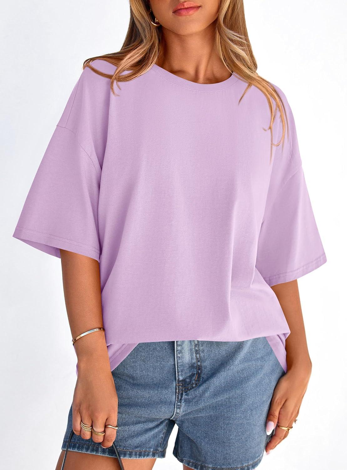 imagePRETTYGARDEN Womens 2026 Spring Going Out Tops Casual Short Sleeve Crewneck Loose Fit Basic Oversized T Shirts Summer OutfitsLight Purple