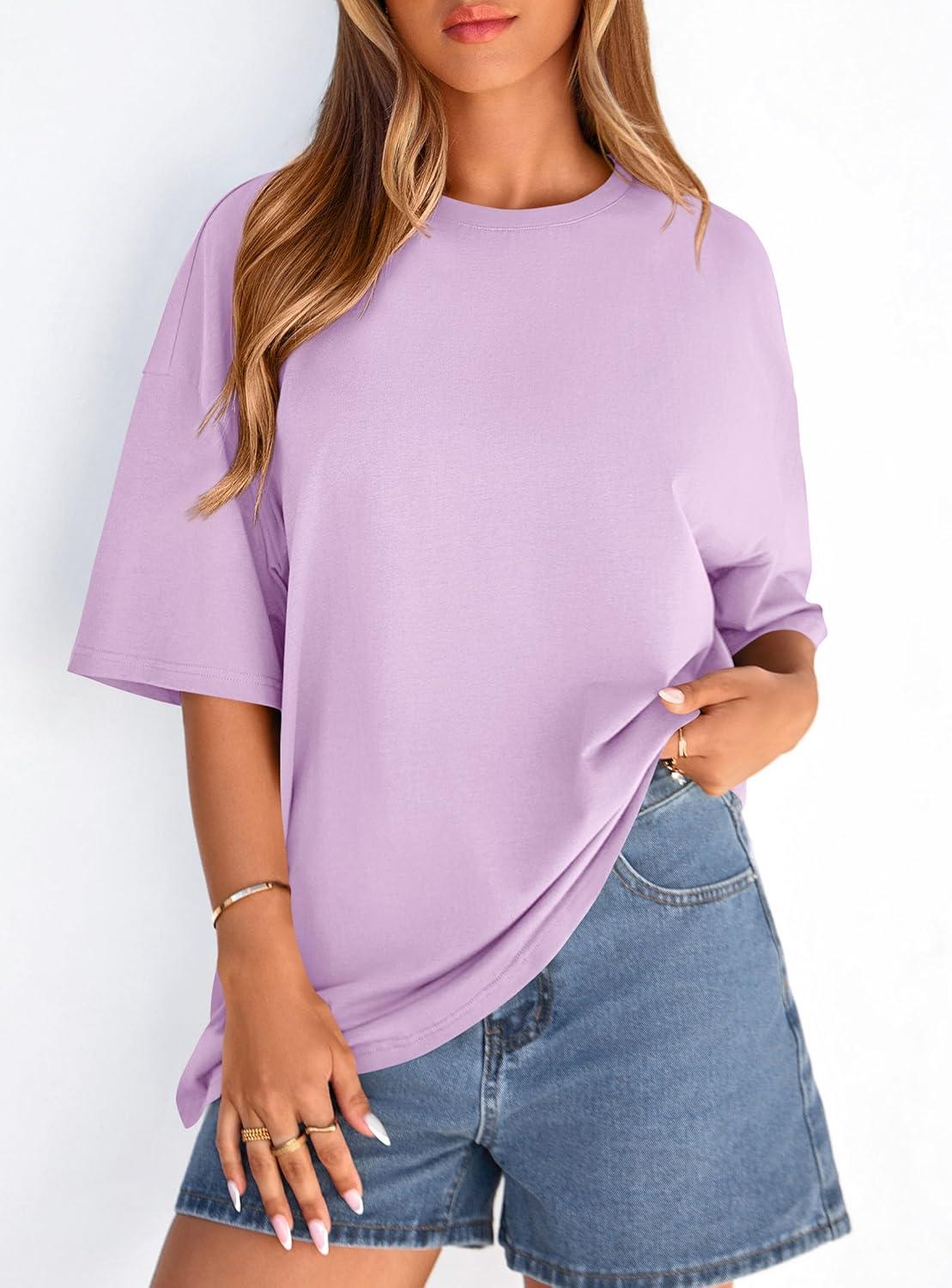 imagePRETTYGARDEN Womens 2026 Spring Going Out Tops Casual Short Sleeve Crewneck Loose Fit Basic Oversized T Shirts Summer OutfitsLight Purple