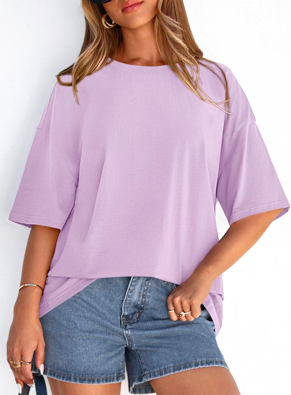 imagePRETTYGARDEN Womens 2026 Spring Going Out Tops Casual Short Sleeve Crewneck Loose Fit Basic Oversized T Shirts Summer OutfitsLight Purple
