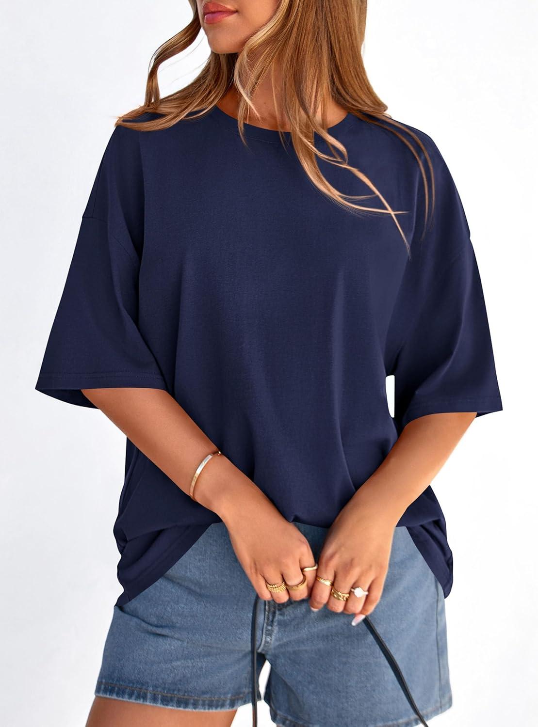 imagePRETTYGARDEN Womens 2026 Spring Going Out Tops Casual Short Sleeve Crewneck Loose Fit Basic Oversized T Shirts Summer OutfitsNavy Blue