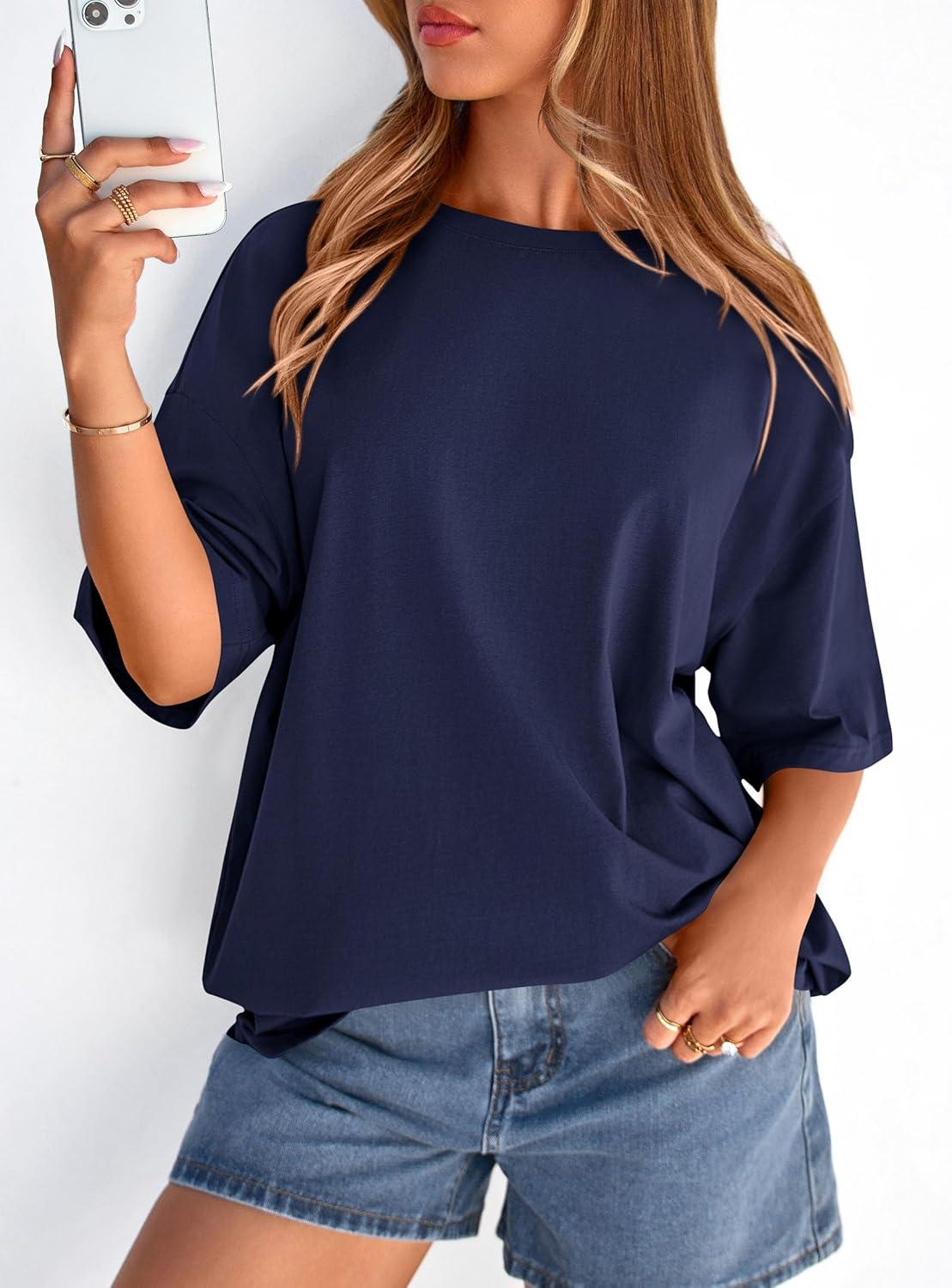 imagePRETTYGARDEN Womens 2026 Spring Going Out Tops Casual Short Sleeve Crewneck Loose Fit Basic Oversized T Shirts Summer OutfitsNavy Blue