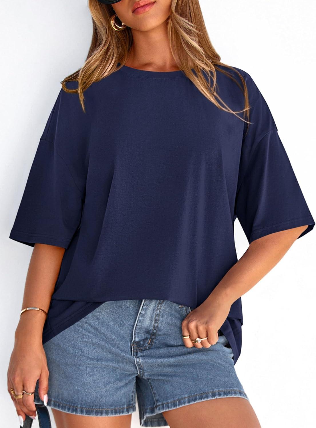 imagePRETTYGARDEN Womens 2026 Spring Going Out Tops Casual Short Sleeve Crewneck Loose Fit Basic Oversized T Shirts Summer OutfitsNavy Blue