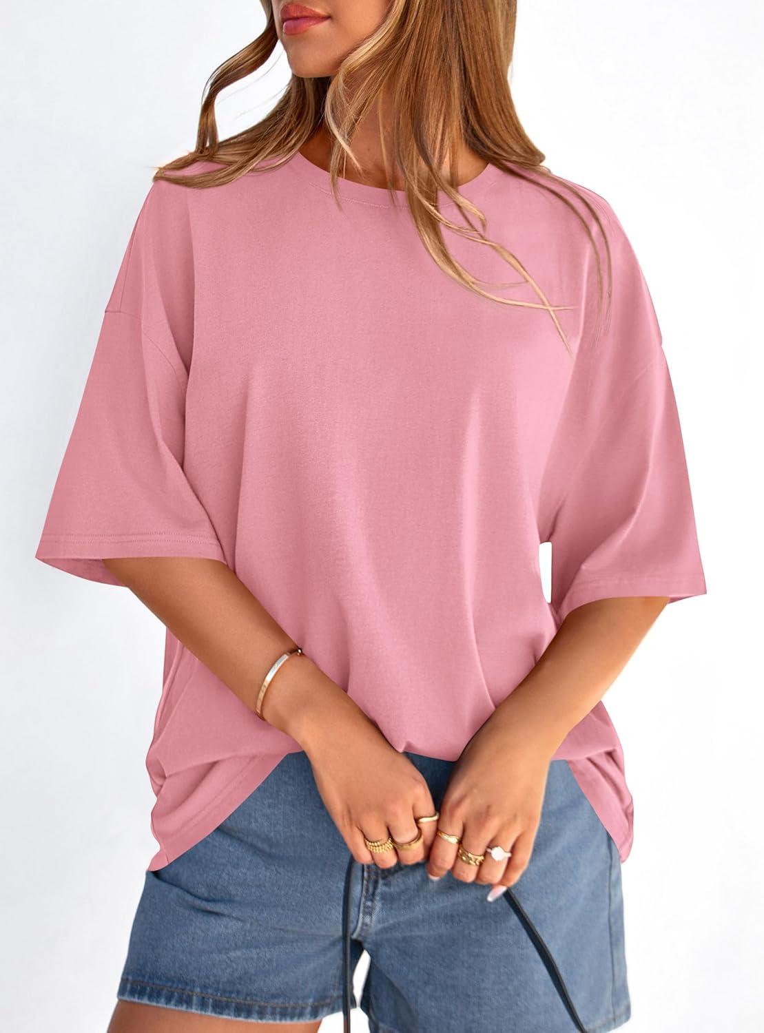 imagePRETTYGARDEN Womens 2026 Spring Going Out Tops Casual Short Sleeve Crewneck Loose Fit Basic Oversized T Shirts Summer OutfitsPink
