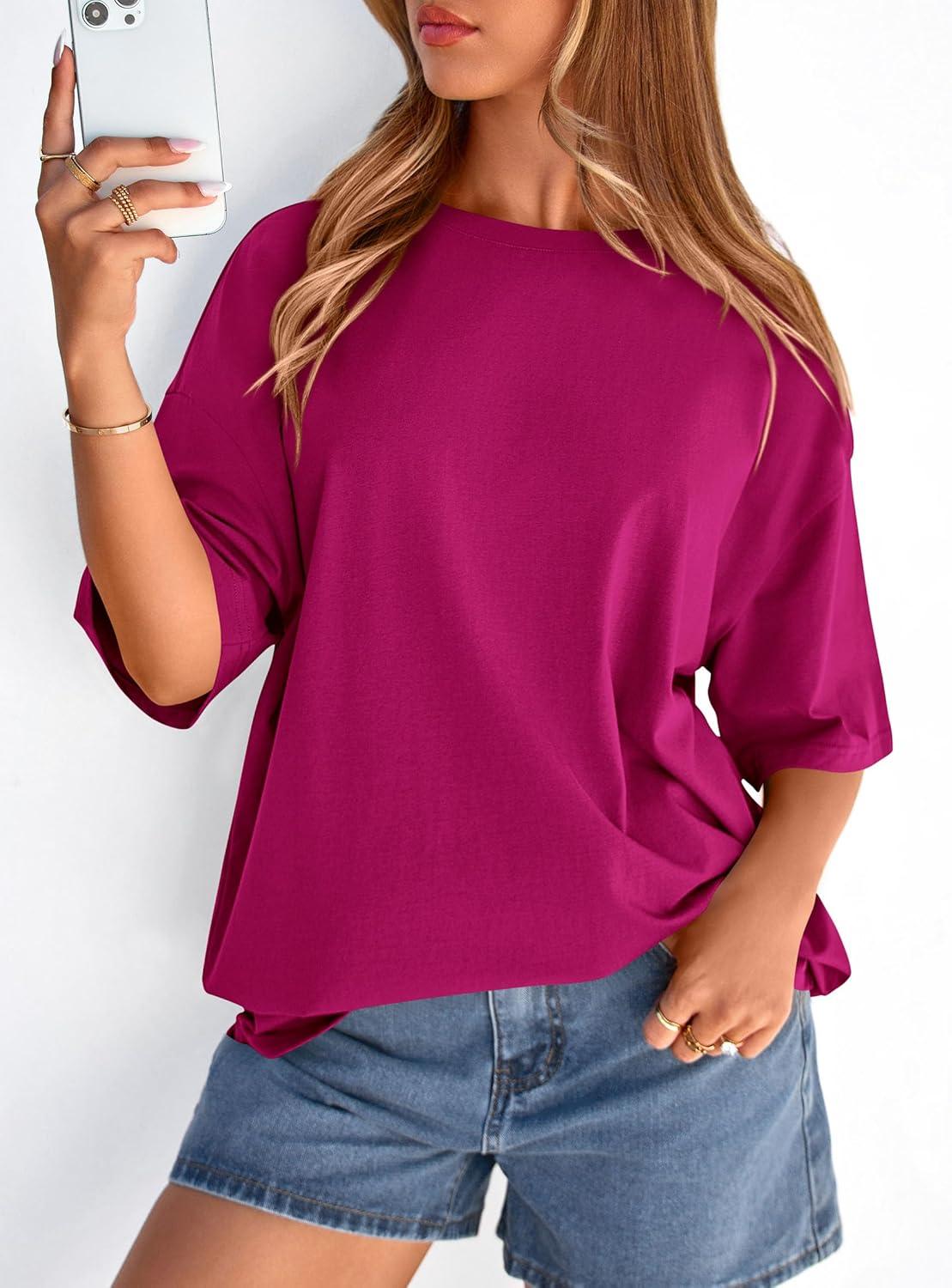 imagePRETTYGARDEN Womens 2026 Spring Going Out Tops Casual Short Sleeve Crewneck Loose Fit Basic Oversized T Shirts Summer OutfitsRose Red