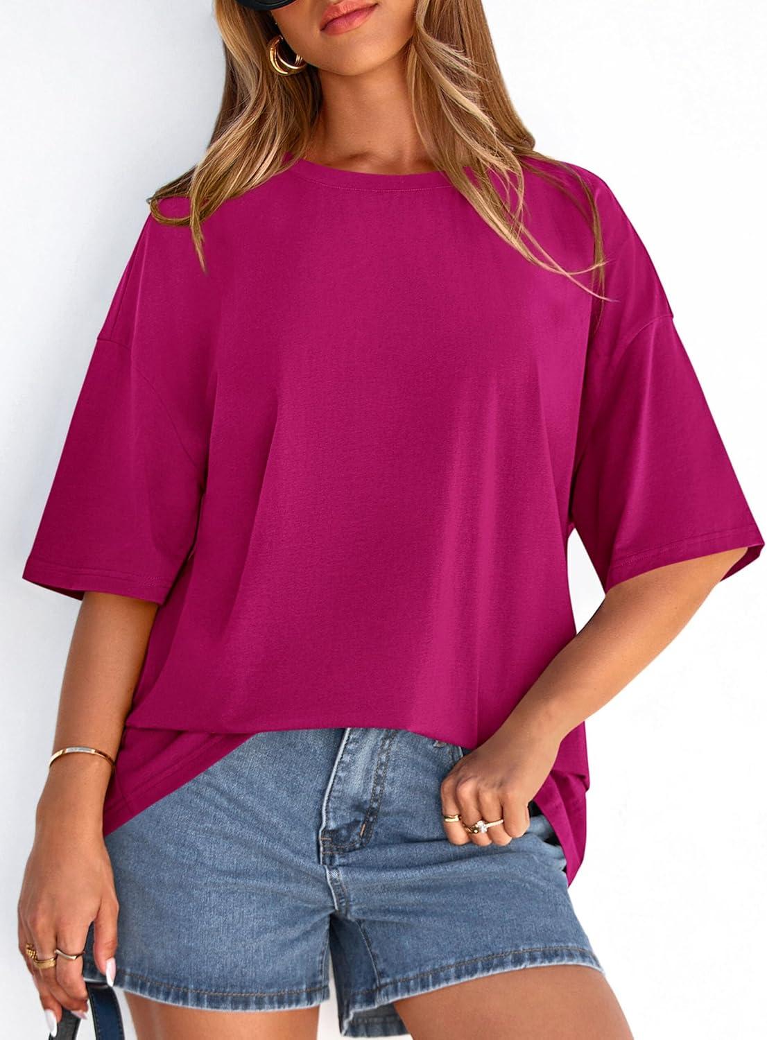 imagePRETTYGARDEN Womens 2026 Spring Going Out Tops Casual Short Sleeve Crewneck Loose Fit Basic Oversized T Shirts Summer OutfitsRose Red