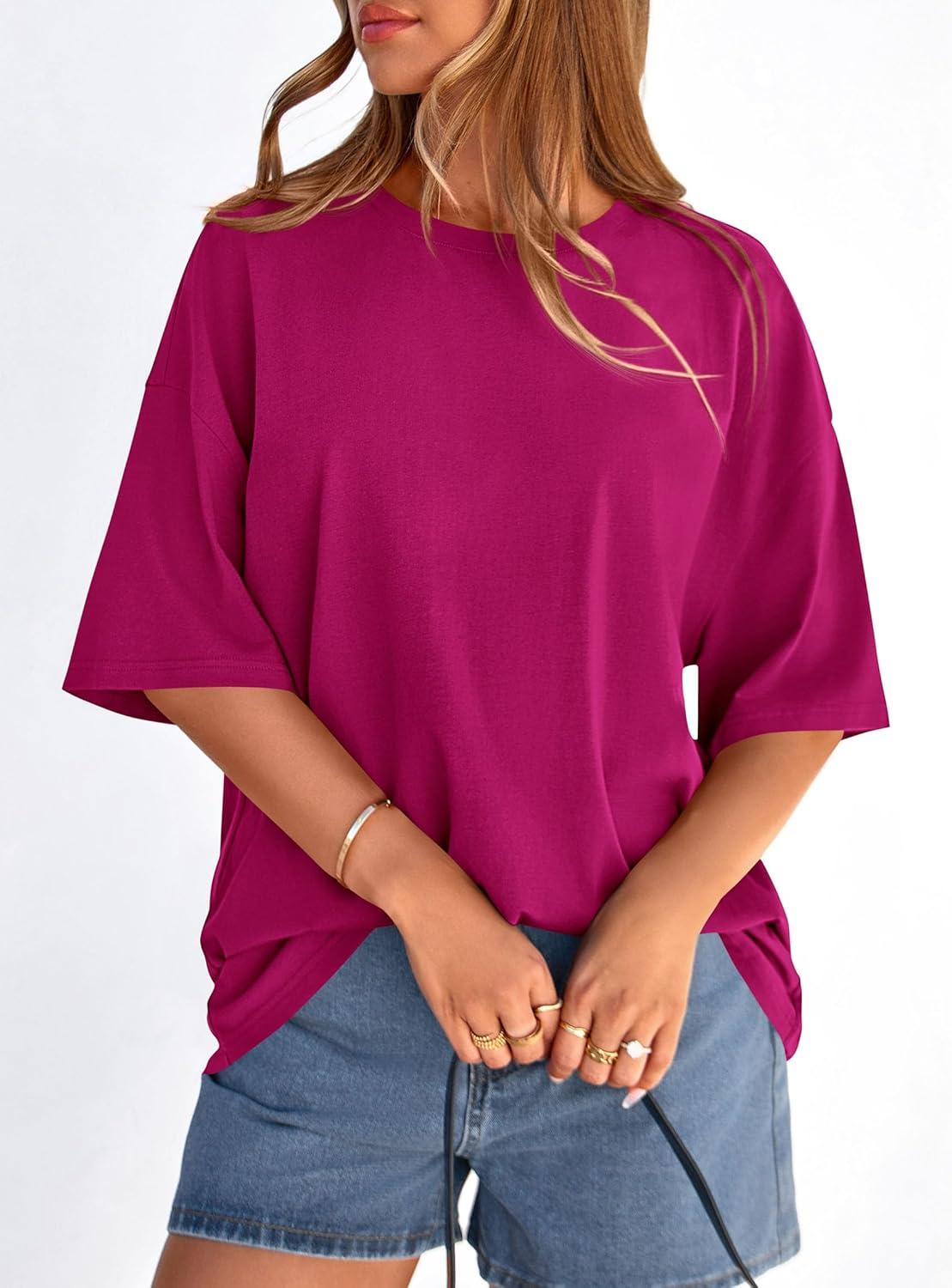 imagePRETTYGARDEN Womens 2026 Spring Going Out Tops Casual Short Sleeve Crewneck Loose Fit Basic Oversized T Shirts Summer OutfitsRose Red