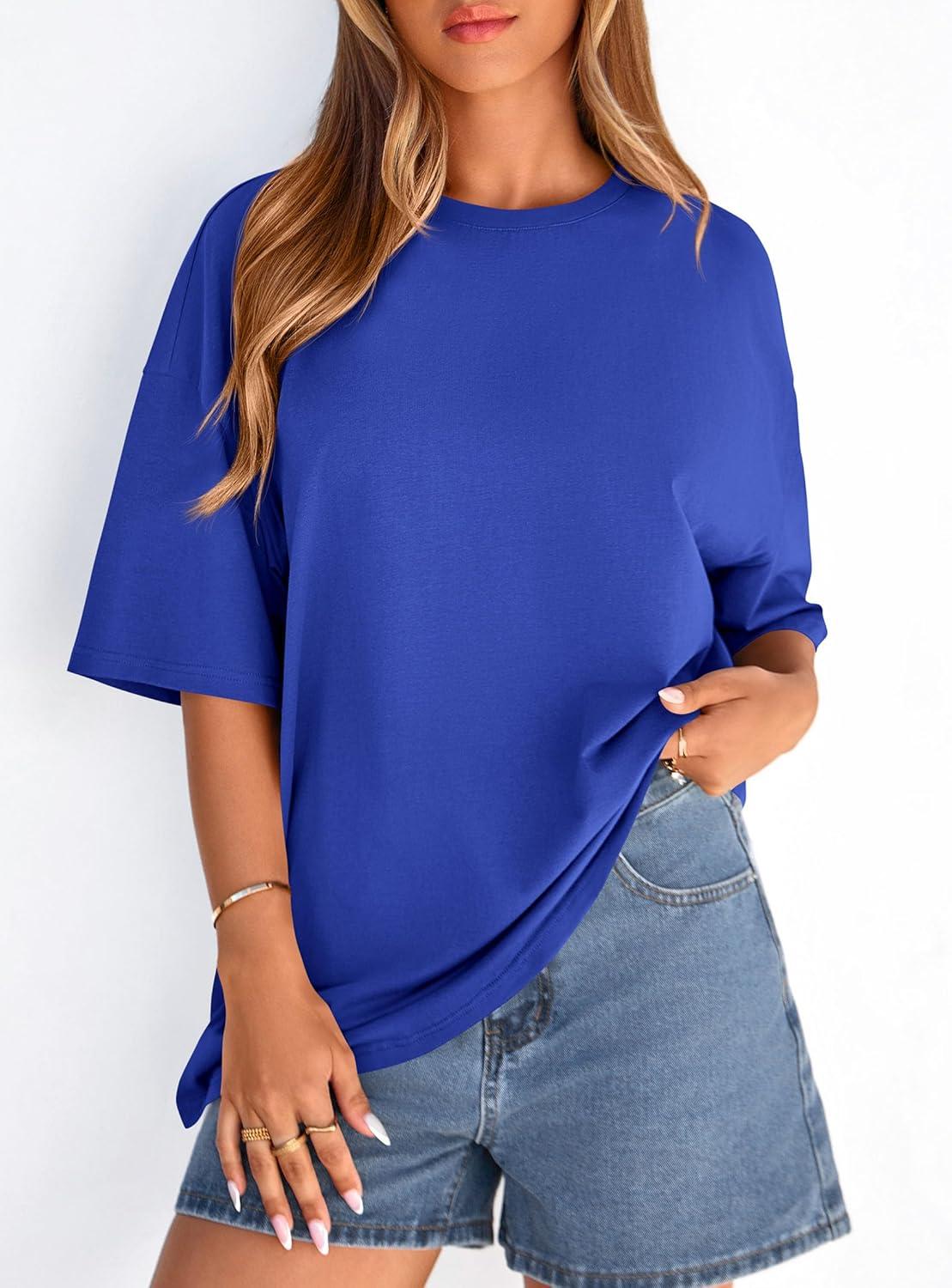 imagePRETTYGARDEN Womens 2026 Spring Going Out Tops Casual Short Sleeve Crewneck Loose Fit Basic Oversized T Shirts Summer OutfitsRoyal Blue