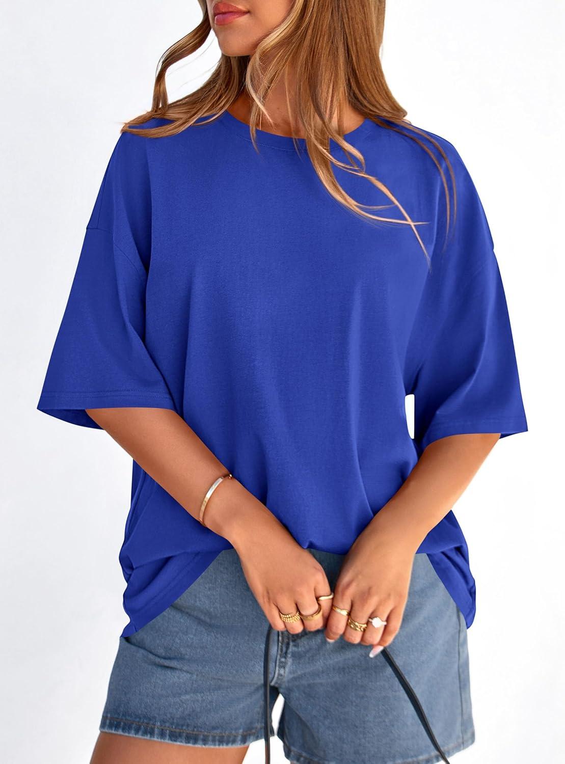 imagePRETTYGARDEN Womens 2026 Spring Going Out Tops Casual Short Sleeve Crewneck Loose Fit Basic Oversized T Shirts Summer OutfitsRoyal Blue