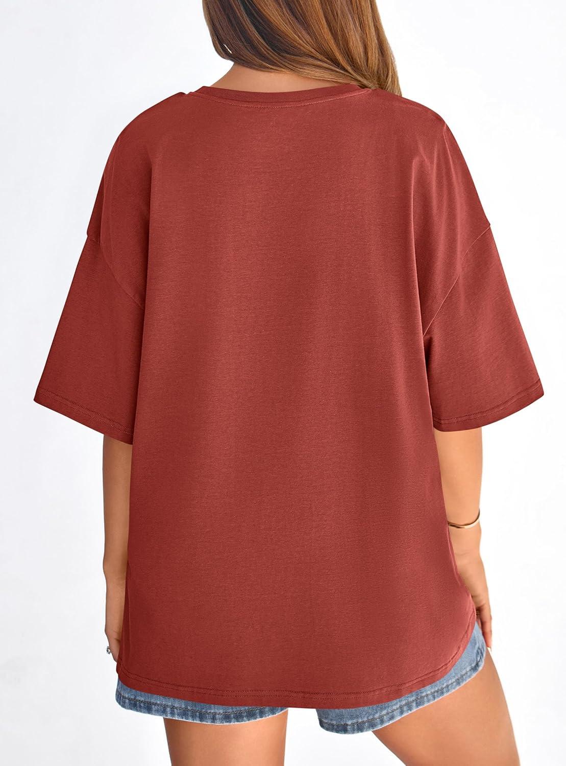 imagePRETTYGARDEN Womens 2026 Spring Going Out Tops Casual Short Sleeve Crewneck Loose Fit Basic Oversized T Shirts Summer OutfitsRust Red