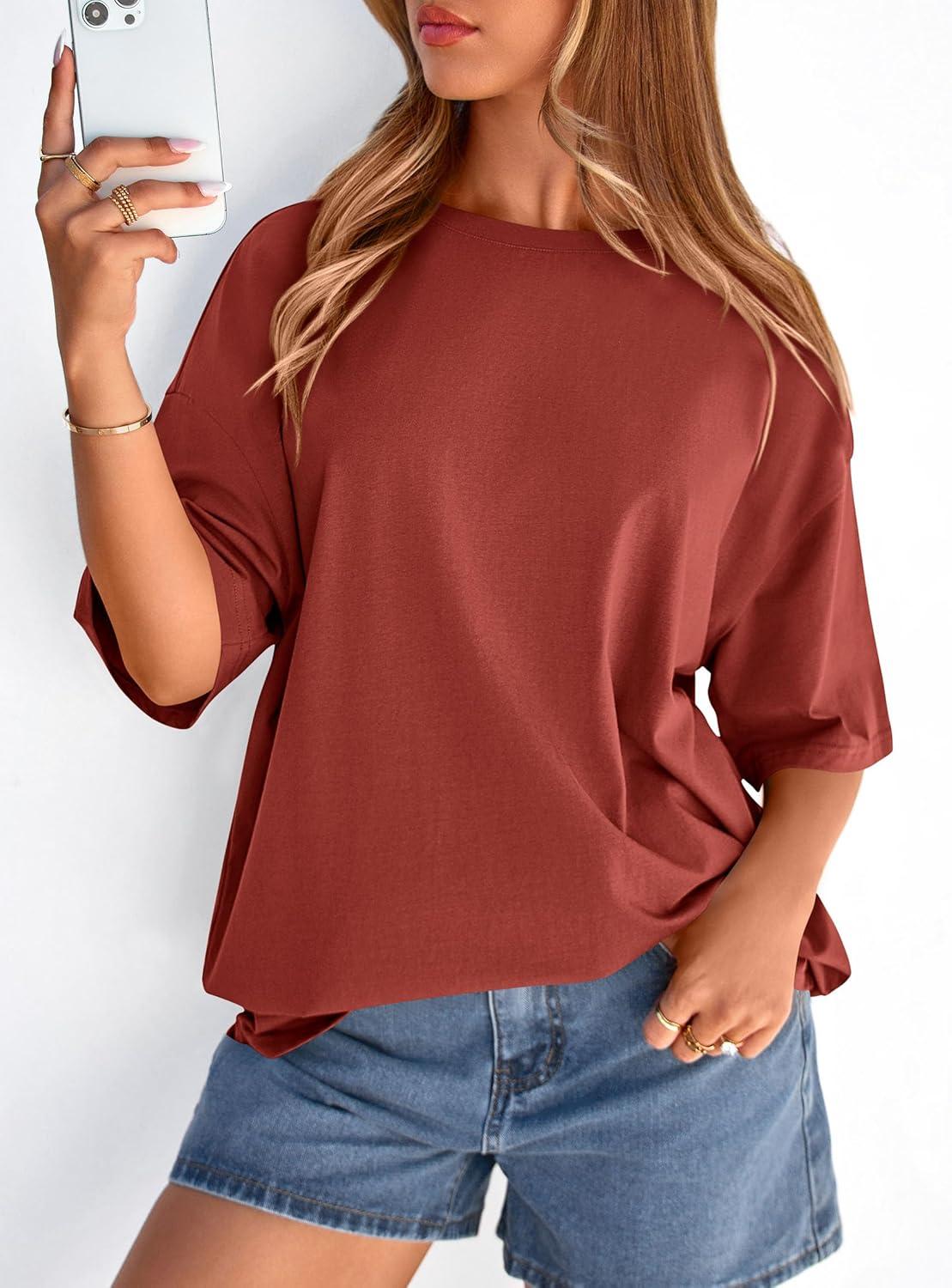 imagePRETTYGARDEN Womens 2026 Spring Going Out Tops Casual Short Sleeve Crewneck Loose Fit Basic Oversized T Shirts Summer OutfitsRust Red