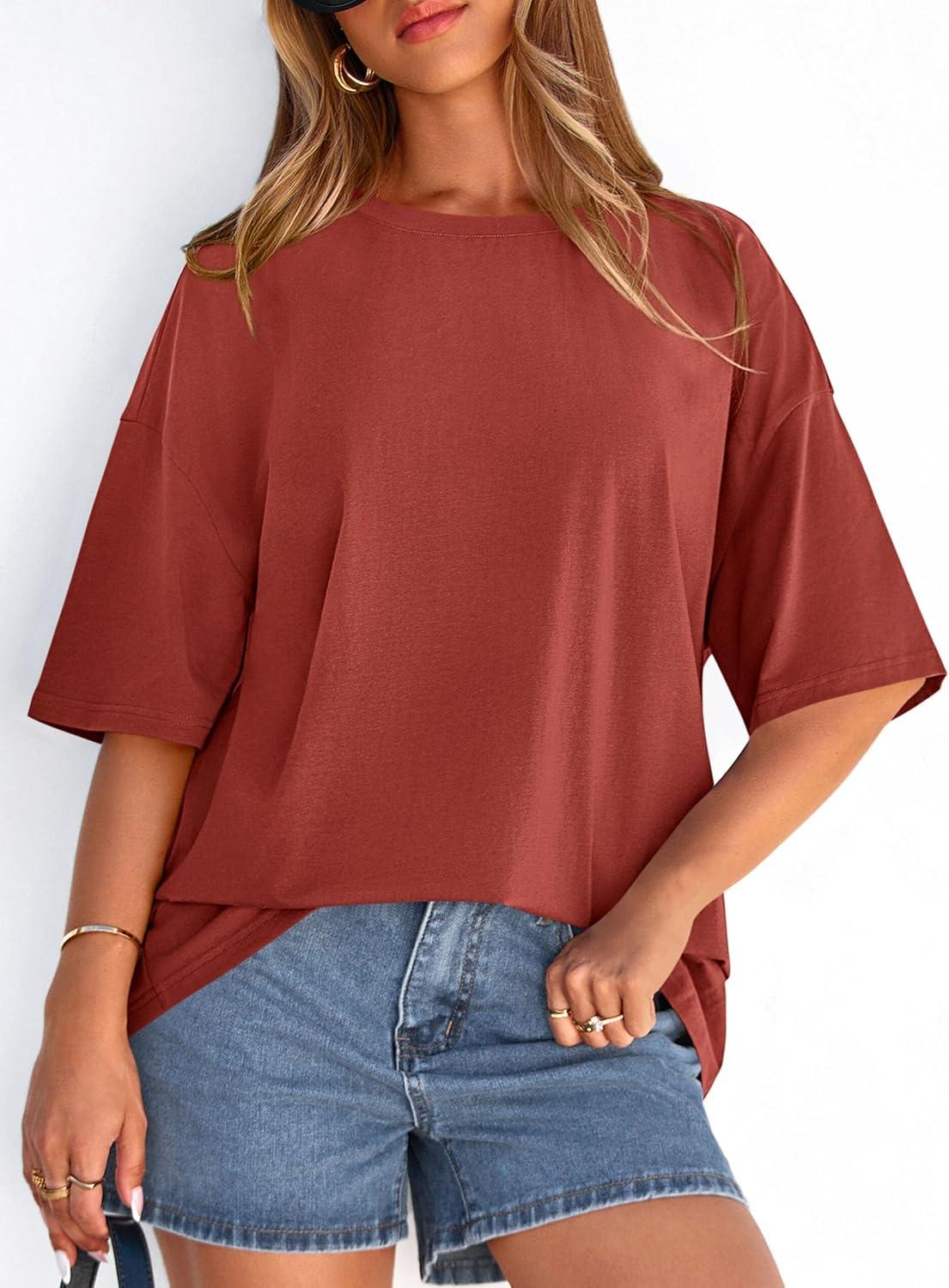 imagePRETTYGARDEN Womens 2026 Spring Going Out Tops Casual Short Sleeve Crewneck Loose Fit Basic Oversized T Shirts Summer OutfitsRust Red