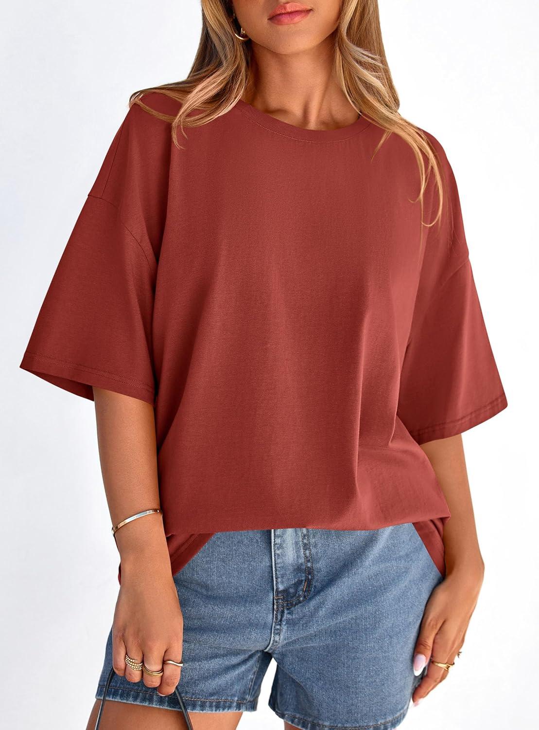 imagePRETTYGARDEN Womens 2026 Spring Going Out Tops Casual Short Sleeve Crewneck Loose Fit Basic Oversized T Shirts Summer OutfitsRust Red