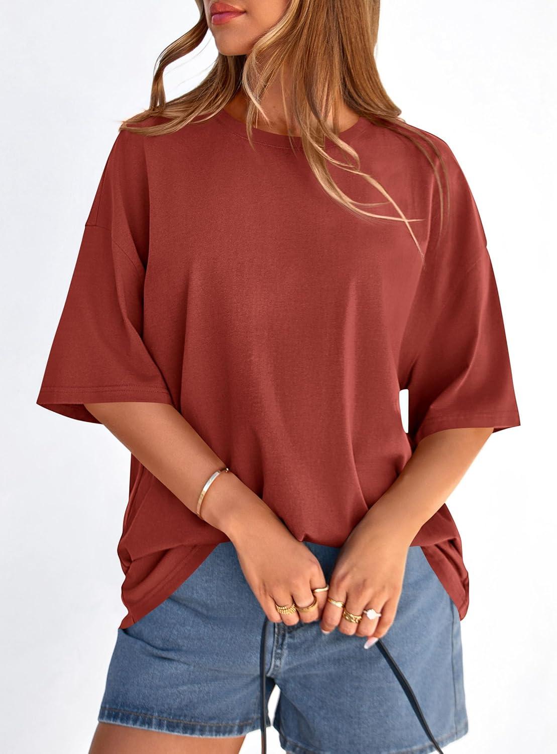 imagePRETTYGARDEN Womens 2026 Spring Going Out Tops Casual Short Sleeve Crewneck Loose Fit Basic Oversized T Shirts Summer OutfitsRust Red