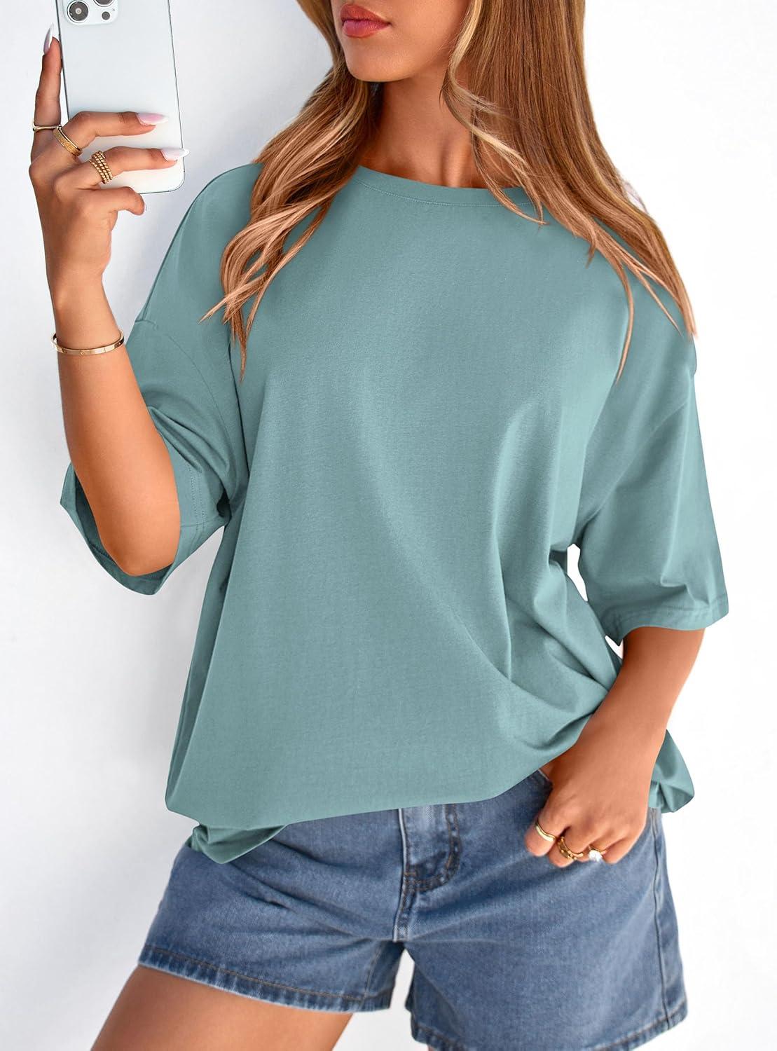 imagePRETTYGARDEN Womens 2026 Spring Going Out Tops Casual Short Sleeve Crewneck Loose Fit Basic Oversized T Shirts Summer OutfitsSage Green