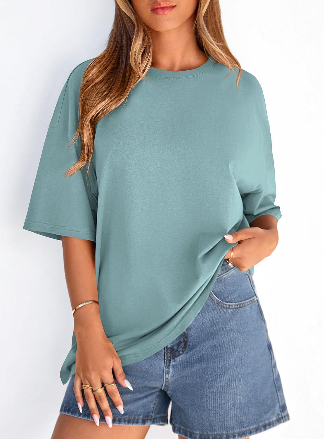 imagePRETTYGARDEN Womens 2026 Spring Going Out Tops Casual Short Sleeve Crewneck Loose Fit Basic Oversized T Shirts Summer OutfitsSage Green