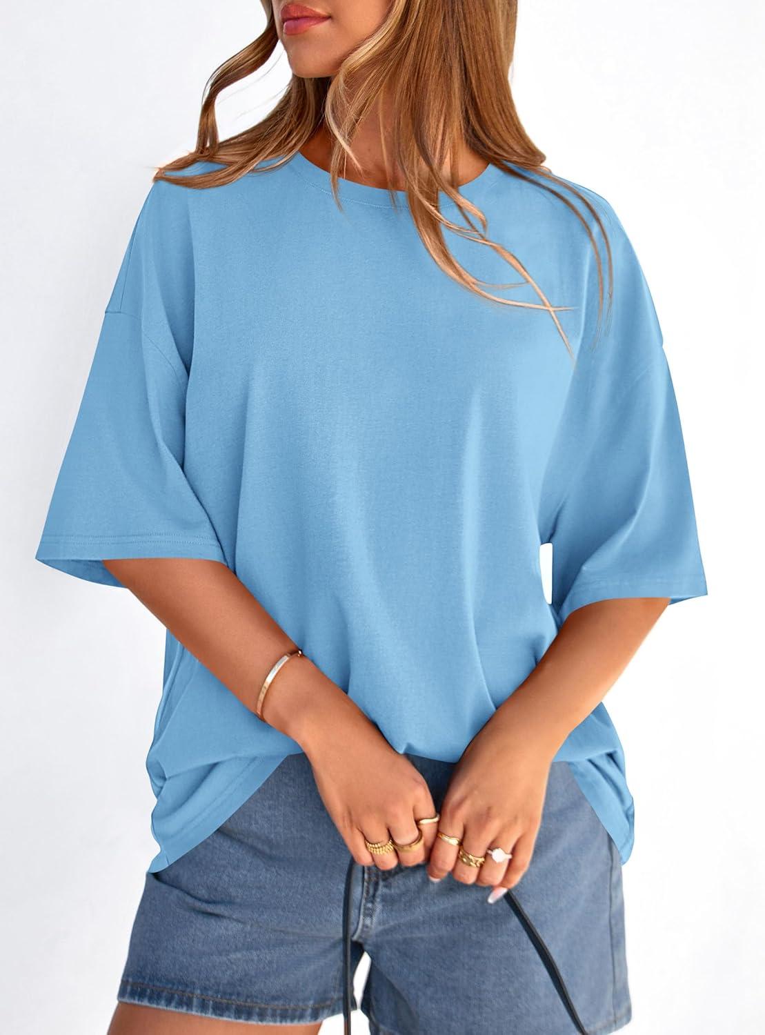 imagePRETTYGARDEN Womens 2026 Spring Going Out Tops Casual Short Sleeve Crewneck Loose Fit Basic Oversized T Shirts Summer OutfitsSky Blue