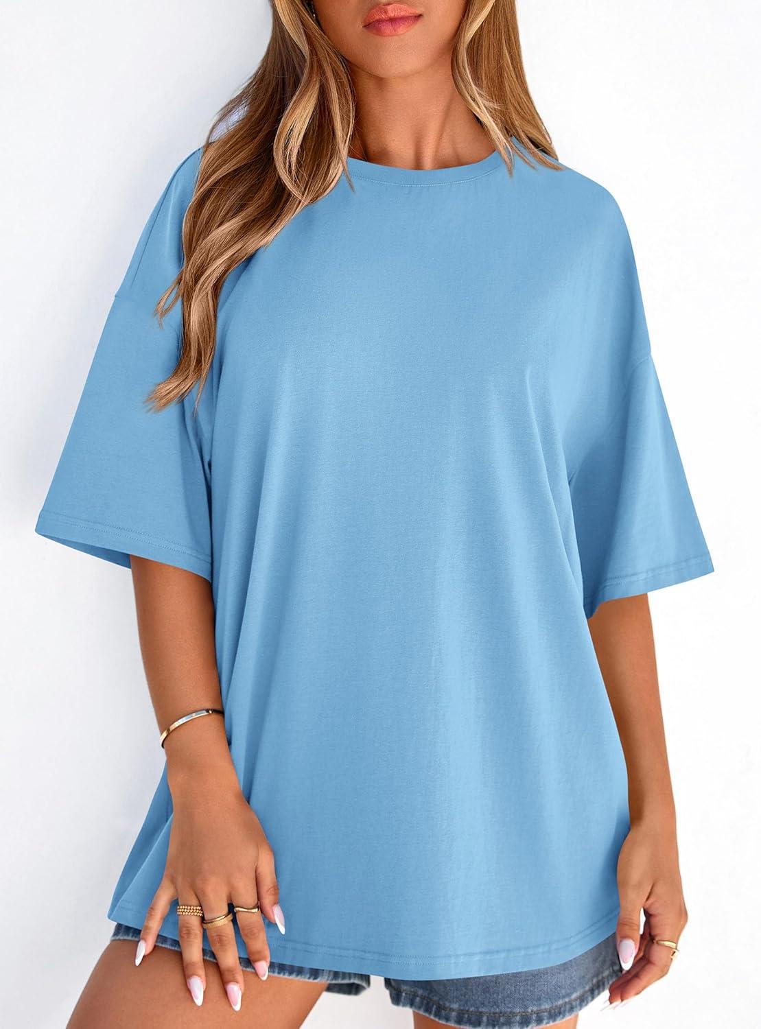 imagePRETTYGARDEN Womens 2026 Spring Going Out Tops Casual Short Sleeve Crewneck Loose Fit Basic Oversized T Shirts Summer OutfitsSky Blue