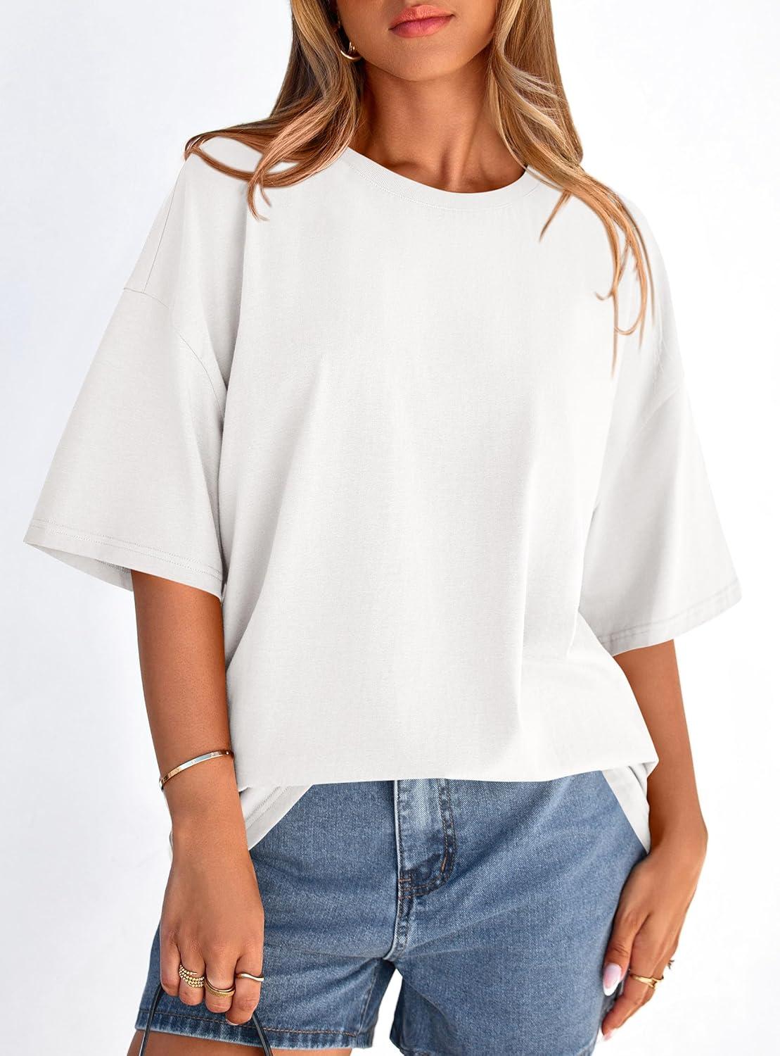 imagePRETTYGARDEN Womens 2026 Spring Going Out Tops Casual Short Sleeve Crewneck Loose Fit Basic Oversized T Shirts Summer OutfitsWhite