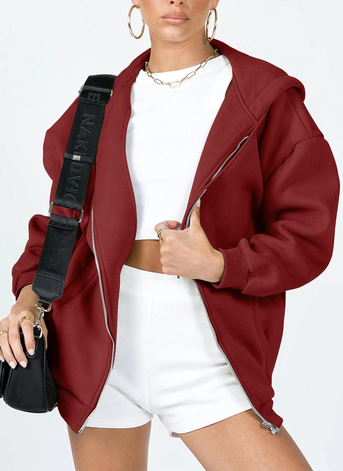 imagePRETTYGARDEN Womens 2026 Zip Up Y2K Hoodies Casual Long Sleeve Sweatshirts Fall Spring Track Jackets with PocketsBrown Red