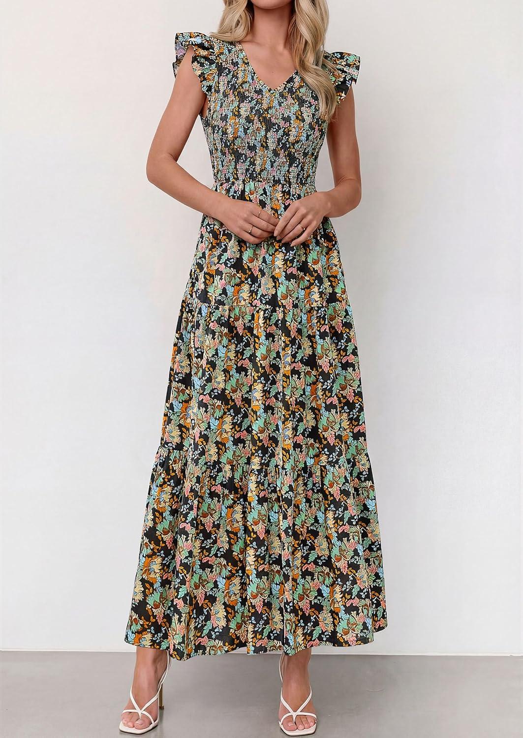 imagePRETTYGARDEN Womens Boho Floral Maxi Dress 2026 Summer Smocked V Neck Ruffle Sleeve Spring Flowy Beach Vacation SundressesBlack