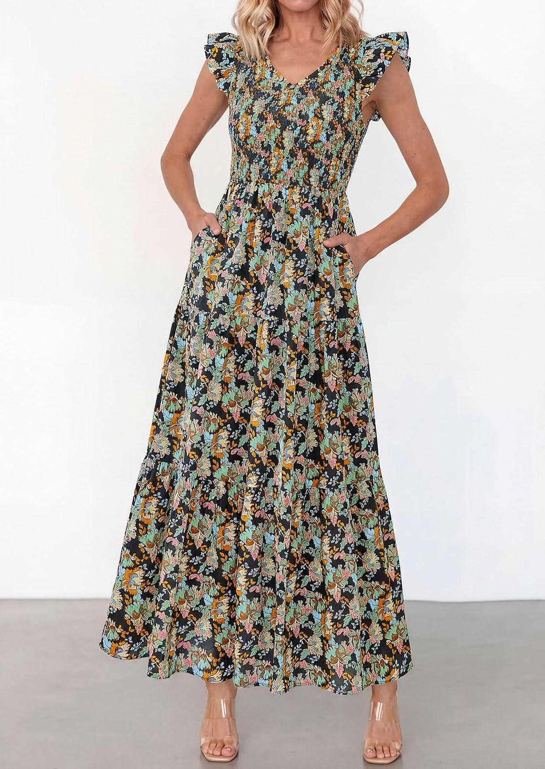 imagePRETTYGARDEN Womens Boho Floral Maxi Dress 2026 Summer Smocked V Neck Ruffle Sleeve Spring Flowy Beach Vacation SundressesBlack