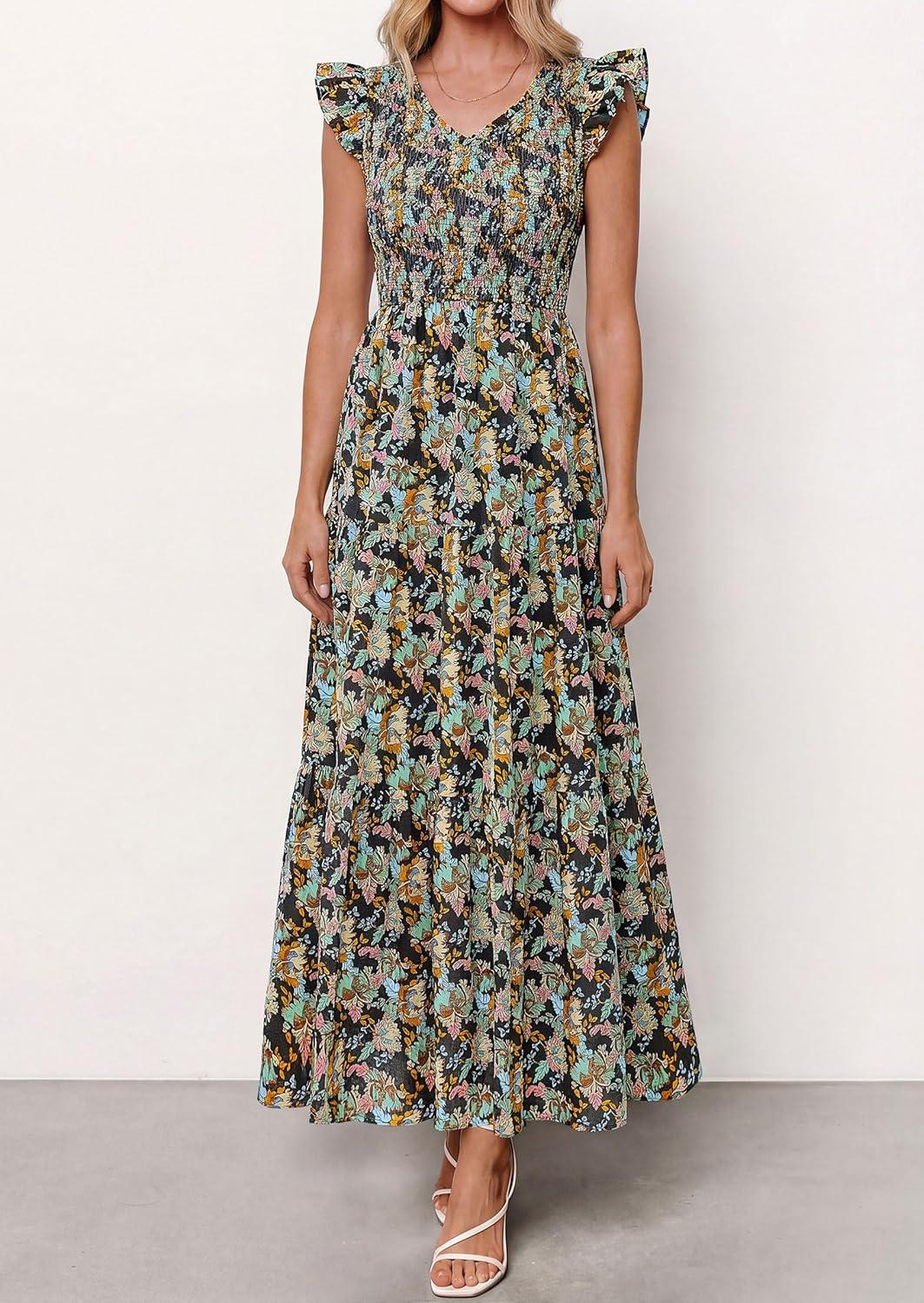 imagePRETTYGARDEN Womens Boho Floral Maxi Dress 2026 Summer Smocked V Neck Ruffle Sleeve Spring Flowy Beach Vacation SundressesBlack