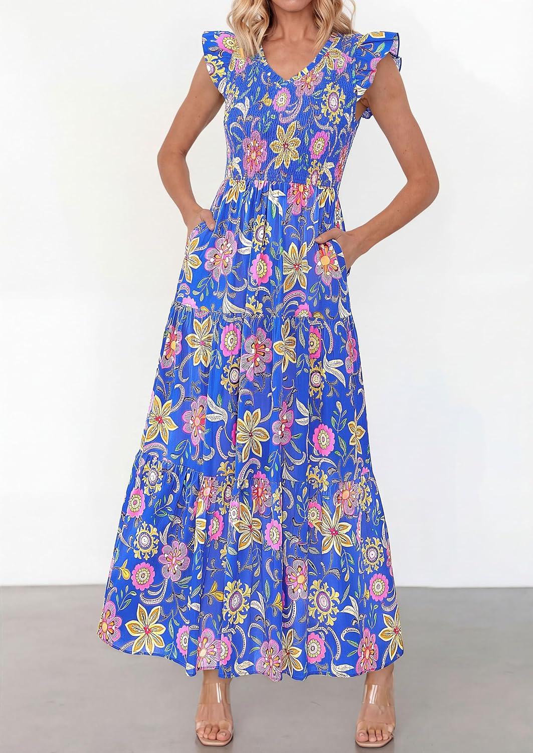 imagePRETTYGARDEN Womens Boho Floral Maxi Dress 2026 Summer Smocked V Neck Ruffle Sleeve Spring Flowy Beach Vacation SundressesBlue