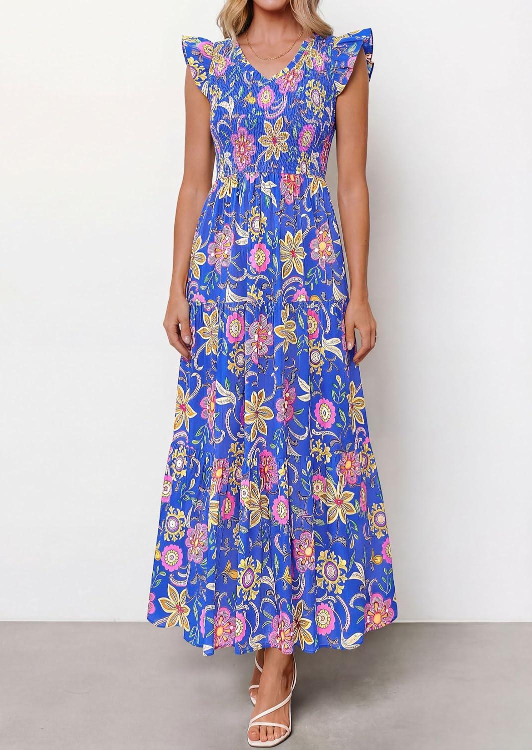 imagePRETTYGARDEN Womens Boho Floral Maxi Dress 2026 Summer Smocked V Neck Ruffle Sleeve Spring Flowy Beach Vacation SundressesBlue